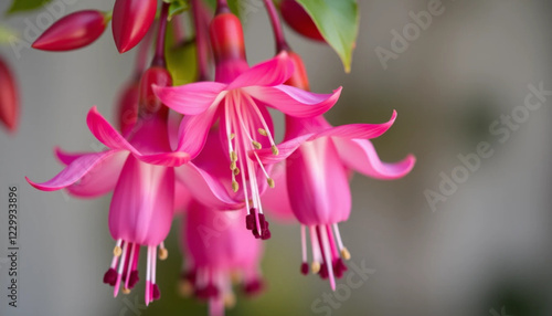 close up of fuchsia blooms with delicate hanging flowers
