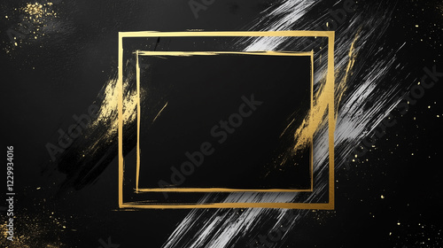 Elegant black and gold abstract background featuring brush strokes, splashes, and a geometric frame, perfect for luxury design and branding photo