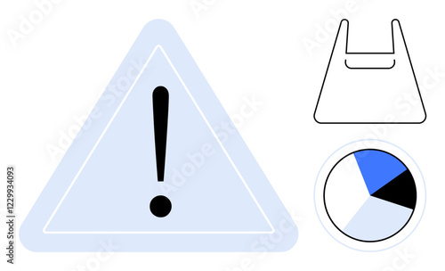 Exclamation within triangle, plastic bag outline, pie chart with segments. Ideal for warning, environmental awareness, data analysis, risk communication, sustainability, information graphics photo