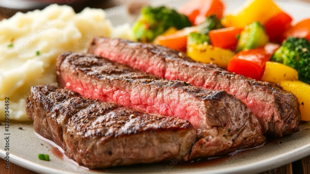 A close-up shot of a mouthwatering medium-rare steak, sliced to reveal its tender pink center, plated with sauted vegetables and mashed potatoes A close-up shot of a mouthwatering medium-rare steak, sliced to reveal its tender pink center, plated with sauted vegetables and mashed potatoes