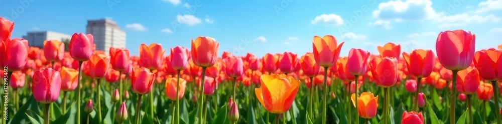 Tulip field in full bloom against a bright blue sky, tulips, landscape Tulip field in full bloom against a bright blue sky, tulips, landscape