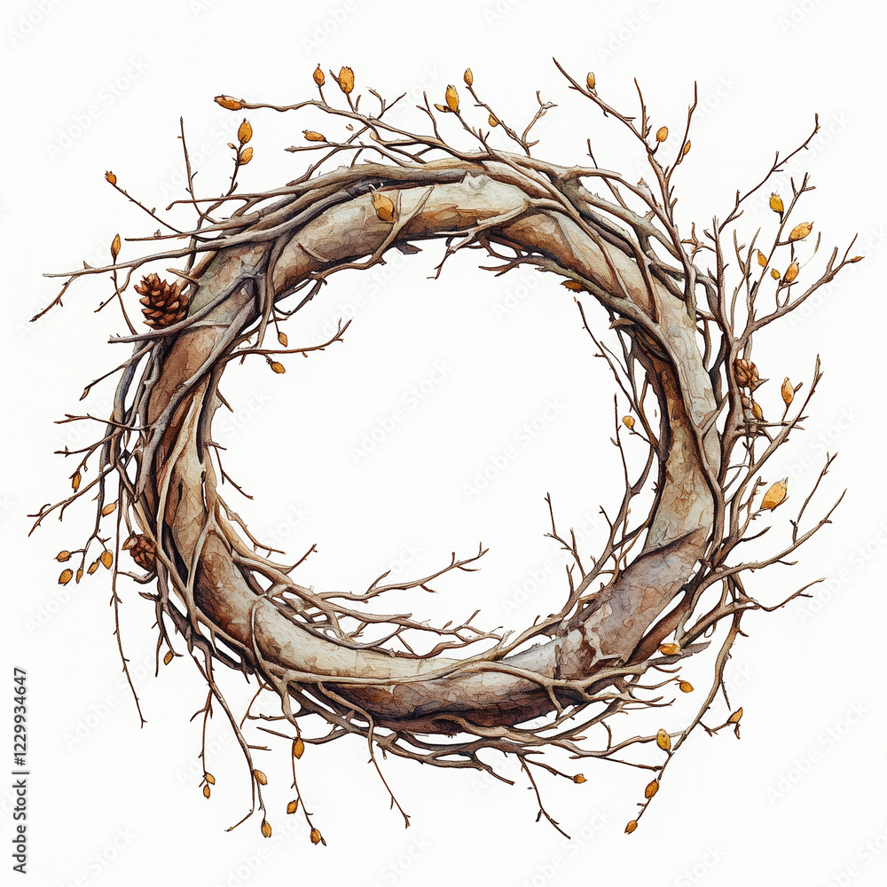 Fototapeta premium A rustic wreath featuring intertwined branches and pine cones, perfect for seasonal decor and nature lovers . isolated on a white background