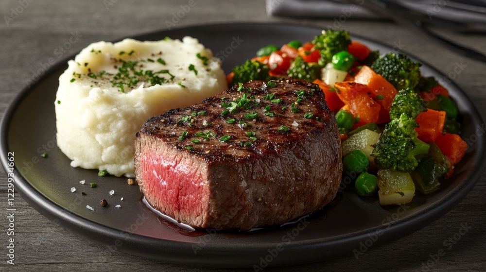 A close-up shot of a mouthwatering medium-rare steak, sliced to reveal its tender pink center, plated with sauted vegetables and mashed potatoes A close-up shot of a mouthwatering medium-rare steak, sliced to reveal its tender pink center, plated with sauted vegetables and mashed potatoes