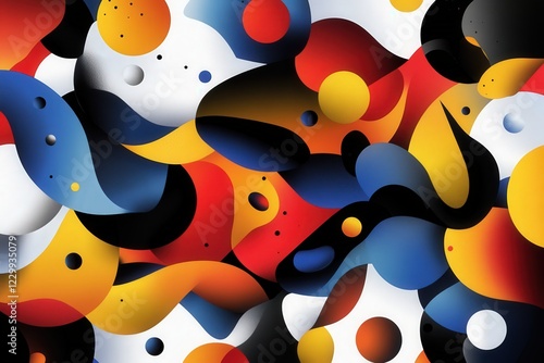 An intricate arrangement of dynamic abstract shapes and vibrant colors gives this artwork a lively and captivating appearance, inviting viewers into its imaginative world.