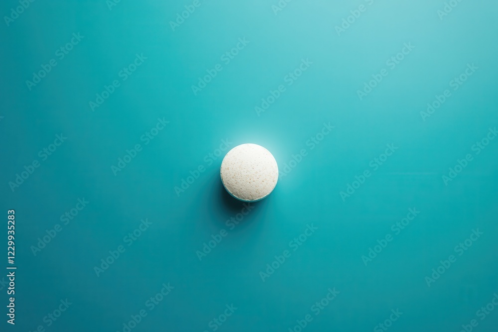 Bath bomb resting on a turquoise surface, highlighting its texture and simplicity, creating a serene atmosphere Bath bomb resting on a turquoise surface, highlighting its texture and simplicity, creating a serene atmosphere