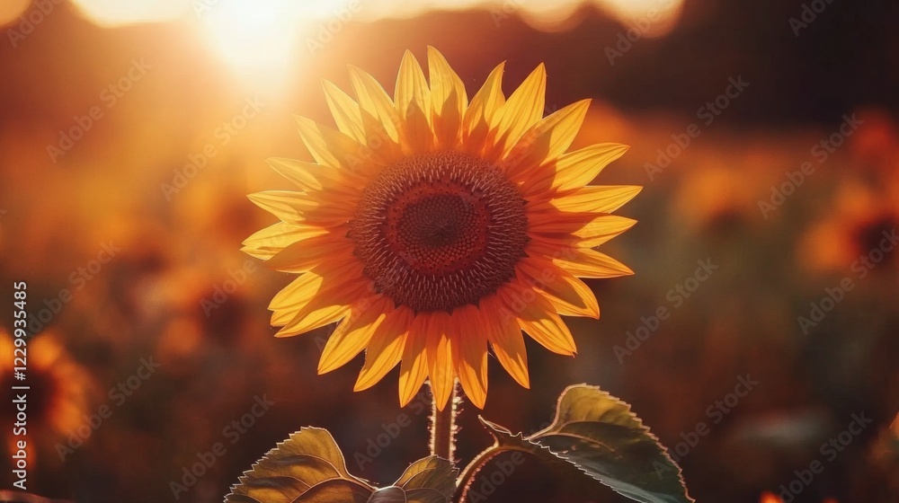 Fototapeta premium A close-up view of a single sunflower in full bloom, showcasing its intricate details and vibrant yellow petals against a softly blurred background of more sunflowers