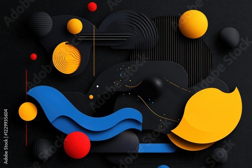 Featuring a balanced arrangement of sculptural forms and vivid color accents, this piece invites viewers to explore its intriguing textures and harmonious visual language.