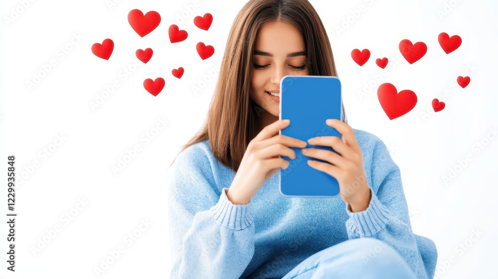 Young woman smiling at smartphone with heart symbols background Young woman smiling at smartphone with heart symbols background