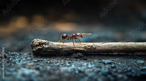 Ant on a twig, dark forest floor photo