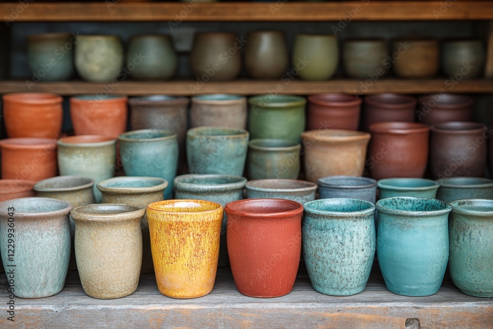 Row of colorful pottery jars in a rustic workshop Row of colorful pottery jars in a rustic workshop
