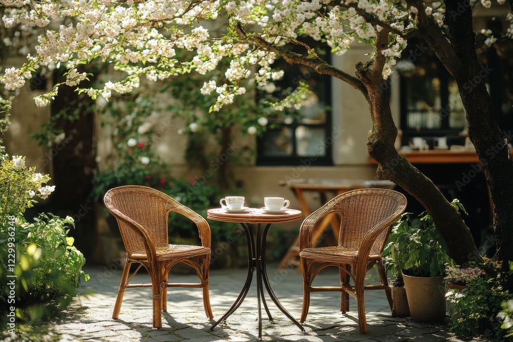 Outdoor patio with a wooden table and chairs under blooming trees Outdoor patio with a wooden table and chairs under blooming trees