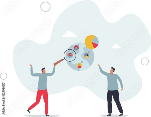 Sociology illustration.people look through magnifying glass at survey results, sociologists research society.flat characters.