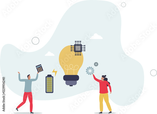 Business idea, success project generation.work battery and light bulb to generate creative innovation and new alternative solutions.flat characters.