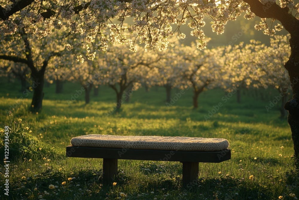 Wooden park bench under a tree surrounded by blooming flowers Wooden park bench under a tree surrounded by blooming flowers