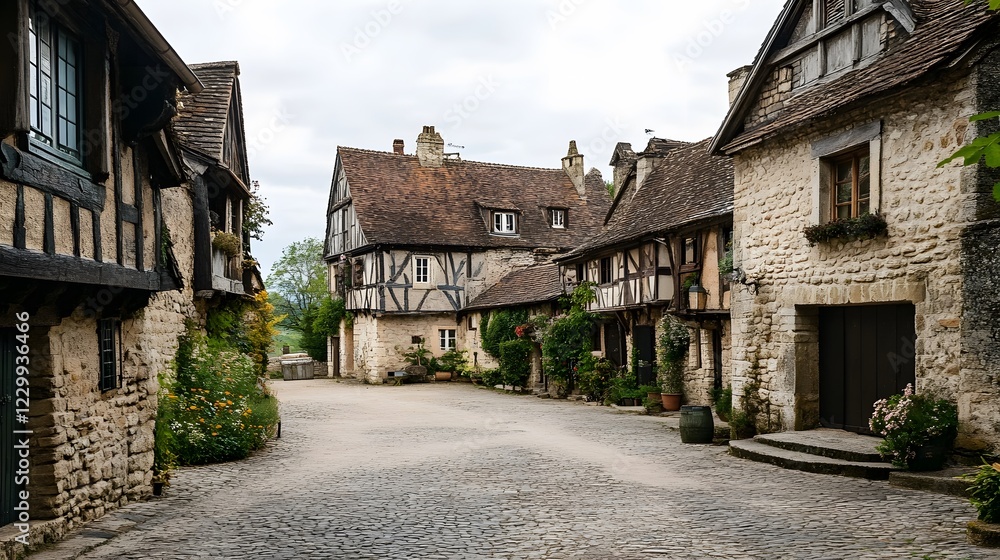 Charming Historic Village Street with Rustic Architecture and Cobblestones Charming Historic Village Street with Rustic Architecture and Cobblestones