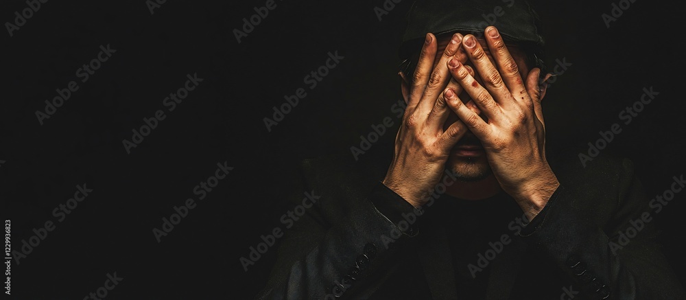 Man Hiding His Face in Despair: A Dark Portrait of Emotional Distress Man Hiding His Face in Despair: A Dark Portrait of Emotional Distress