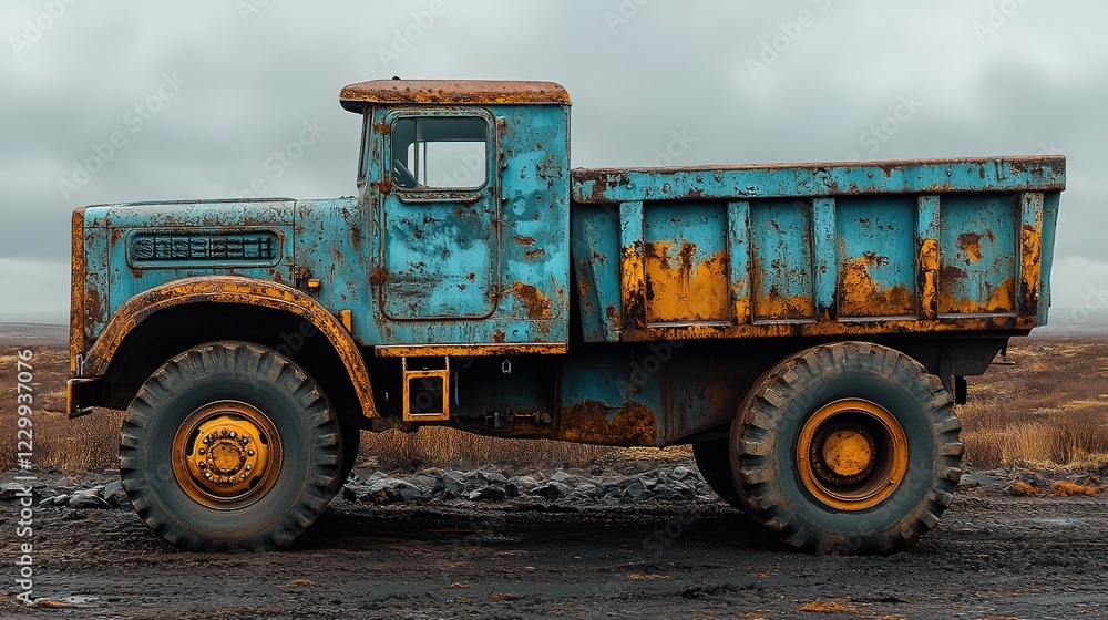Rusty Blue Dump Truck Parked In A Desolate Landscape Rusty Blue Dump Truck Parked In A Desolate Landscape