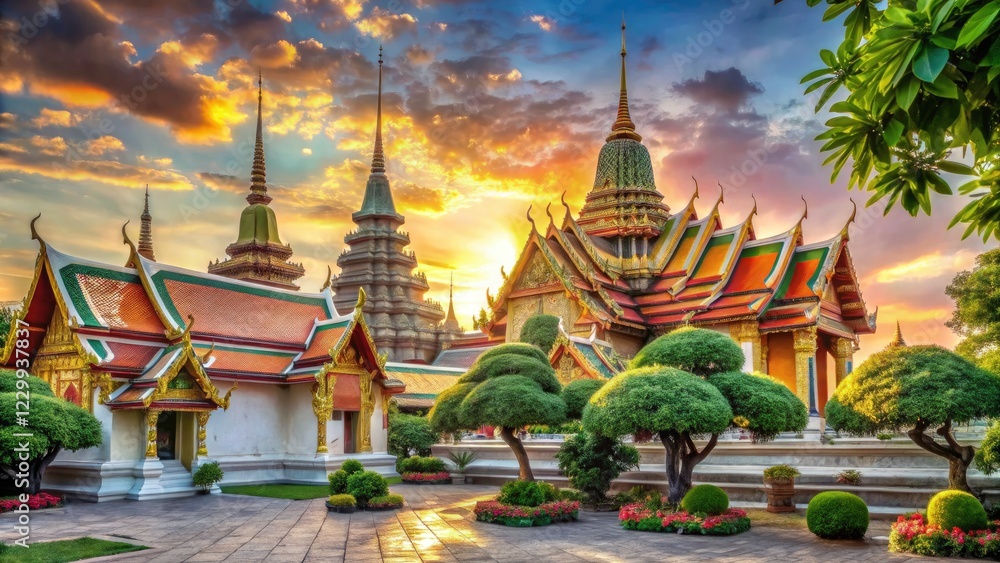 Naklejka premium Discover Bangkok's majestic Wat Pho: stunning Reclining Buddha, ancient temples, and golden splendor.