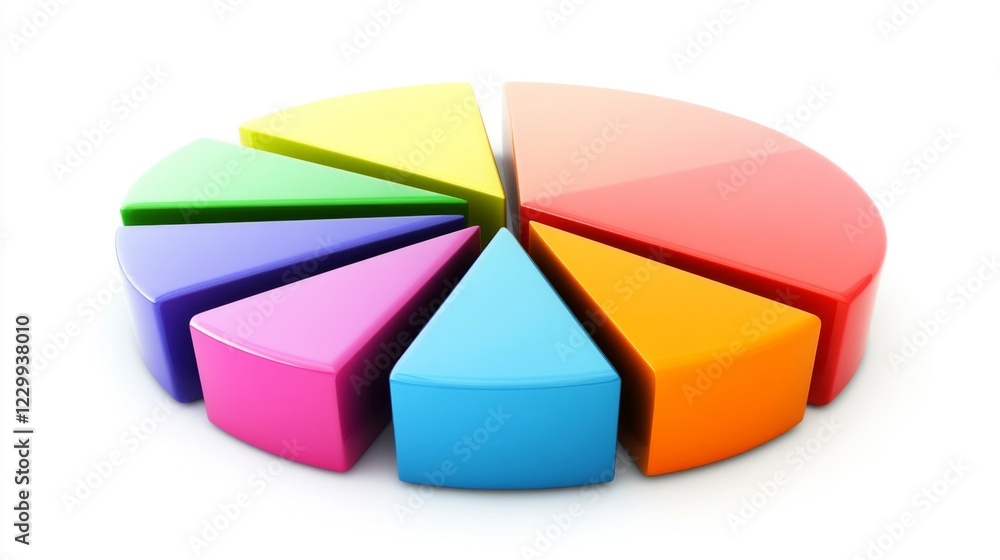 Obraz premium A colorful pie chart with distinct segments in gradient colors, arranged on a white background with soft shadows for a clean financial analysis look