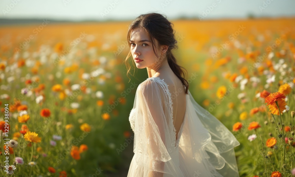 Woman stands to field of flowers in light transparent summer dress. Concept of tranquility, serenity, and romance Woman stands to field of flowers in light transparent summer dress. Concept of tranquility, serenity, and romance