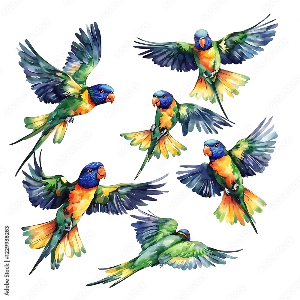 Obraz premium Six Rainbow Lorikeets in Flight Vibrant Watercolor Illustration.