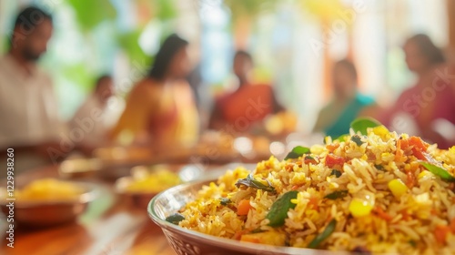 Close-up of a traditional Ugadi dish on a wooden table, capturing rich textures and flavors. A blurred family gathering in the background adds warmth and festivity photo