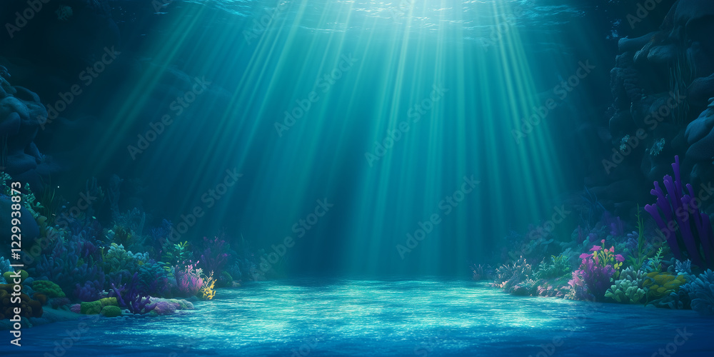 Fototapeta premium Underwater blue ocean with sunlight and undersea scene