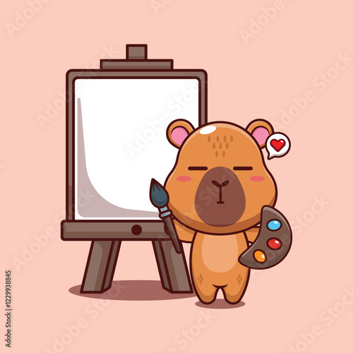 capybara mascot cartoon character vector illustration wants to paint on canvas.