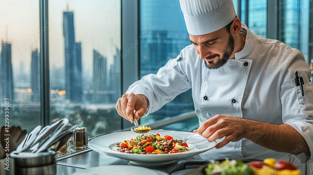 A chef plating a gourmet dish in an open kitchen setting. picture A chef plating a gourmet dish in an open kitchen setting. picture