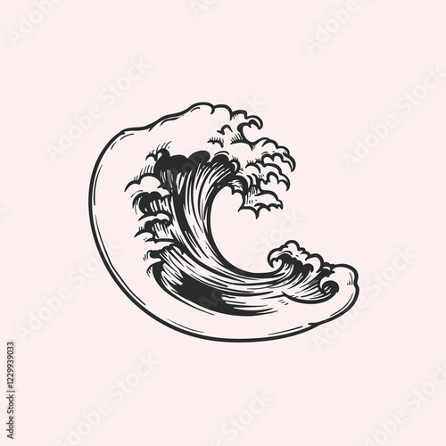 Sea wave in sketch retro hand drawn style. Best for nautical marine and tattoo designs. Vector illustration.