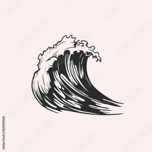 Sea wave in sketch retro hand drawn style. Best for nautical marine and tattoo designs. Vector illustration.