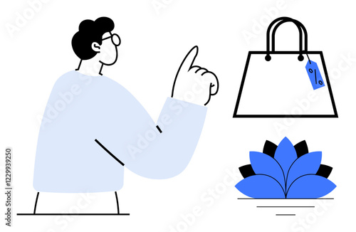 Person pointing at a shopping bag with blue price tag and a lotus flower. Ideal for themes thumbs up decision-making, consumer choice, shopping, mindfulness, balance, and lifestyle. Abstract line