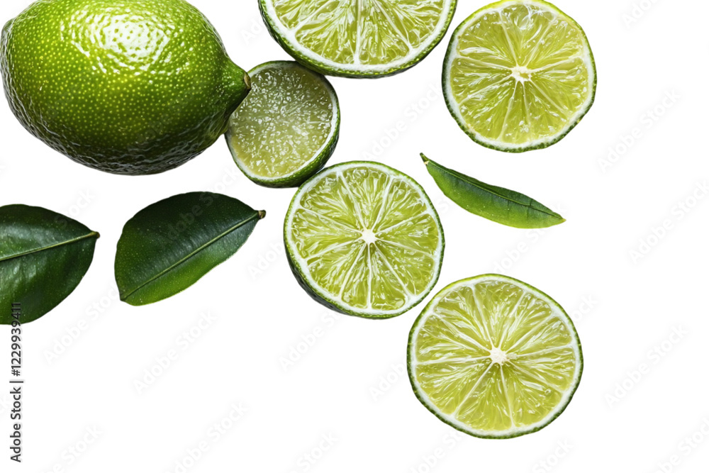 Fresh Green Limes and Leaves on Black Background Fresh Green Limes and Leaves on Black Background