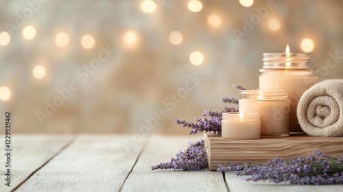 Relaxing candles and lavender create serene atmosphere for self care. Soft towels and warm light enhance calming experience photo