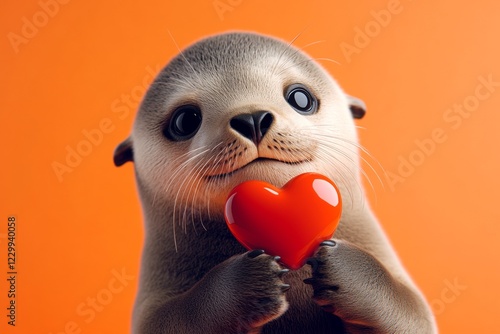 Ad visual idea. Sea lion - my cherished animal. Cute sea lion baby with diamond red heart - sign of love, funny greeting card. Marketing graphic drawing. Zoo valentines photoshoot. photo