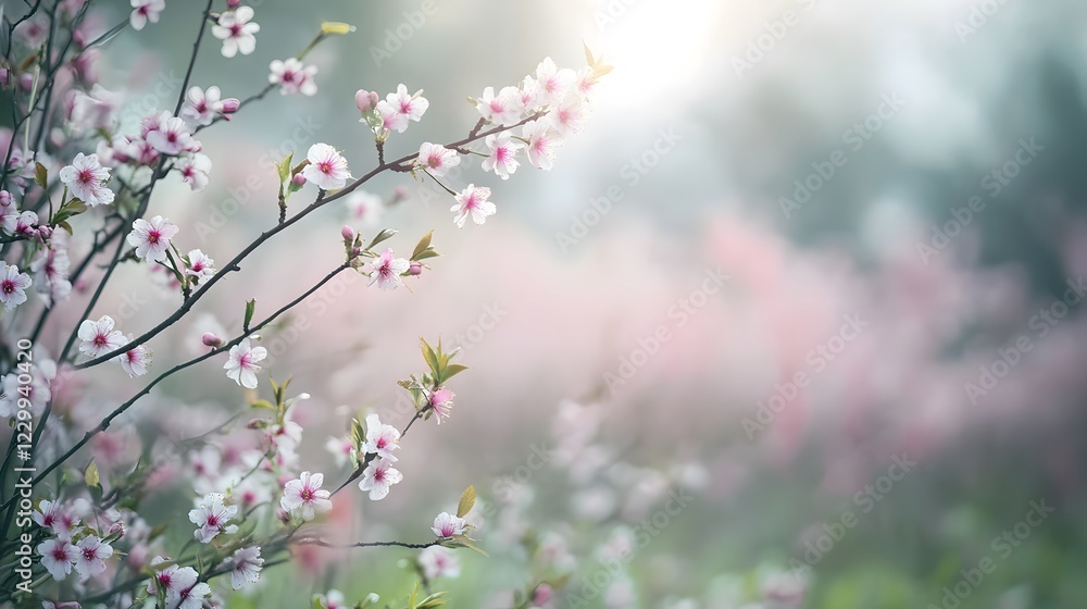 Delicate Cherry Blossom Branches in Soft Focus with Gentle Light Delicate Cherry Blossom Branches in Soft Focus with Gentle Light