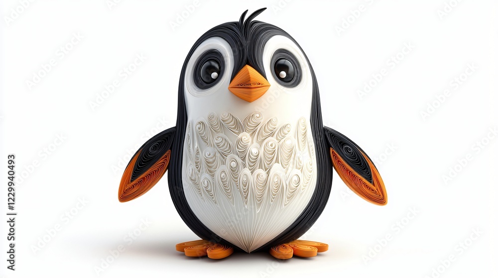 Fototapeta premium Quilled Paper Penguin Art Creation Standing Center Displayed on Solid Plain White Background.