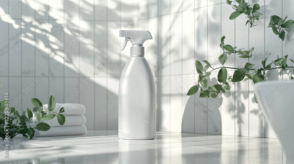 Sleek bottle of cleaner in bright bathroom with towels and plants, creating fresh atmosphere Sleek bottle of cleaner in bright bathroom with towels and plants, creating fresh atmosphere