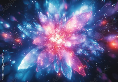 Abstract colorful explosion of light resembling a cosmic flower, with sparkling particles and vibrant shades of blue, pink, and purple against a dark background.