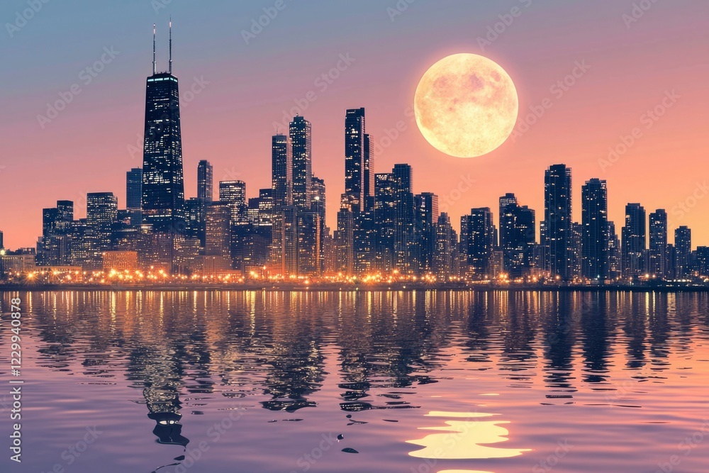 Obraz premium City Skyline at Sunset with Full Moon Reflection