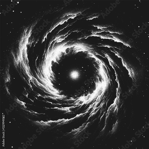 Cosmic supernova explosion forming a new galaxy in deep space with swirling dust and gas clouds forming a spiral nebula. Starburst nebula in stippling style. Dotwork. Pointillism. Dots shading. Vector