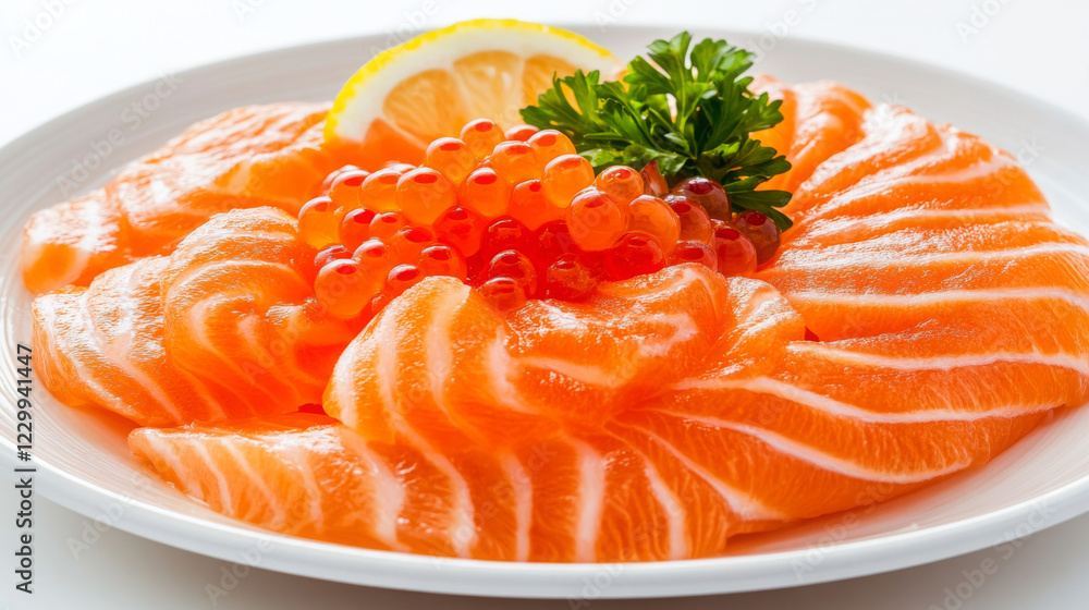 Plate of salmon with lemon and parsley on top Plate of salmon with lemon and parsley on top