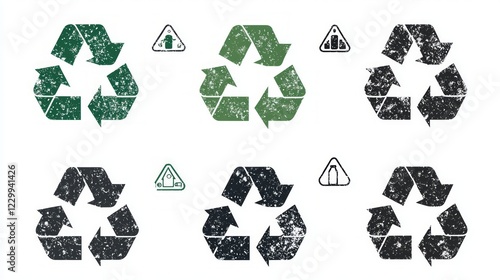 Green and black recycle symbols, various textures, for environmental awareness campaigns photo