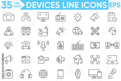 Devices Line Icon Set.Mobile, Watch, Tv, Speaker, Rocket, Console, Smart Watch and More.Electronic Devices.Vector And illustrator Set.