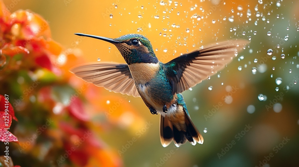 Fototapeta premium Hummingbird in Flight, Rain, Flowers