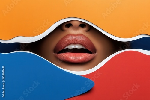 This image features a close-up of stunning lips behind vivid colored waves, creating a striking contrast and a sense of depth that captivates attention and imagination.