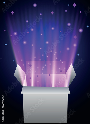 A mesmerizing vector illustration of an open magic gift box, radiating a glowing light with sparkling glitter and flashes of mystical energy. The box appears to be exploding with a burst of stars
