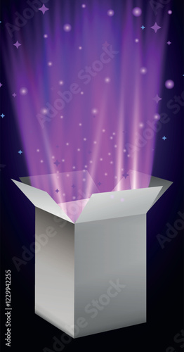 A mesmerizing vector illustration of an open magic gift box, radiating a glowing light with sparkling glitter and flashes of mystical energy. The box appears to be exploding with a burst of stars