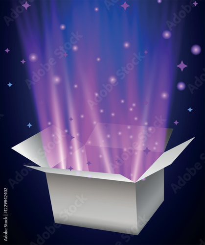 A mesmerizing vector illustration of an open magic gift box, radiating a glowing light with sparkling glitter and flashes of mystical energy. The box appears to be exploding with a burst of stars