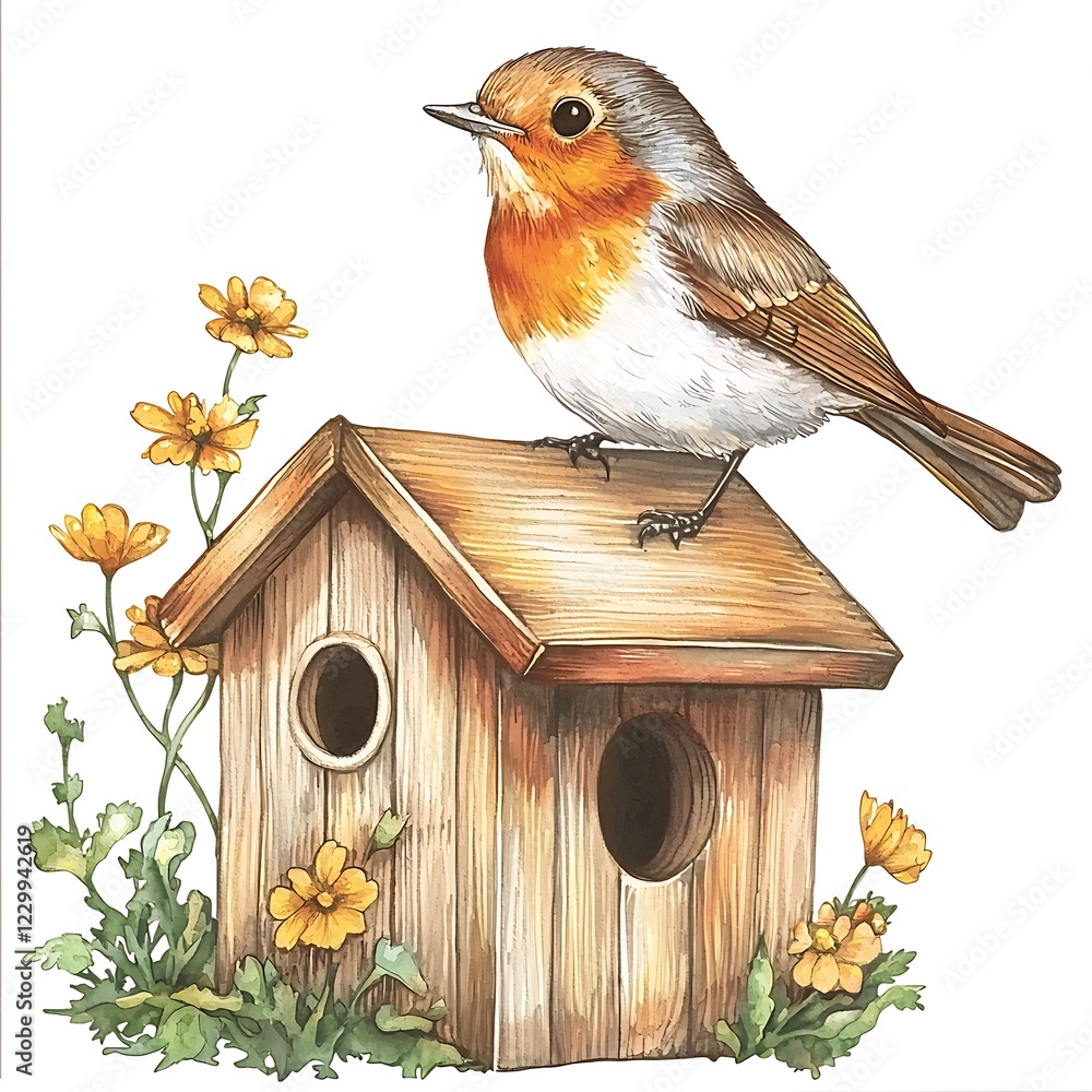 Naklejka premium Watercolor Illustration of a Robin Redbreast on a Birdhouse with Yellow Flowers